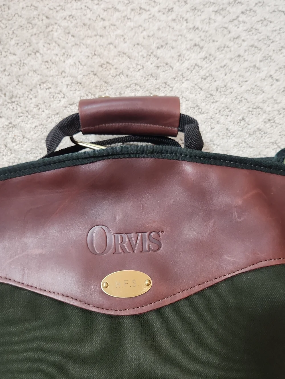 Orvis Dark Green Canvas Garment Bag with Brown Leather Accents